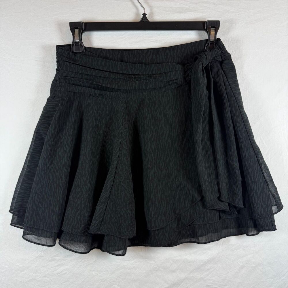 Aerie Chiffon Wrap Tie Ruffle Mini Skirt Black Tonal Print Lined Small